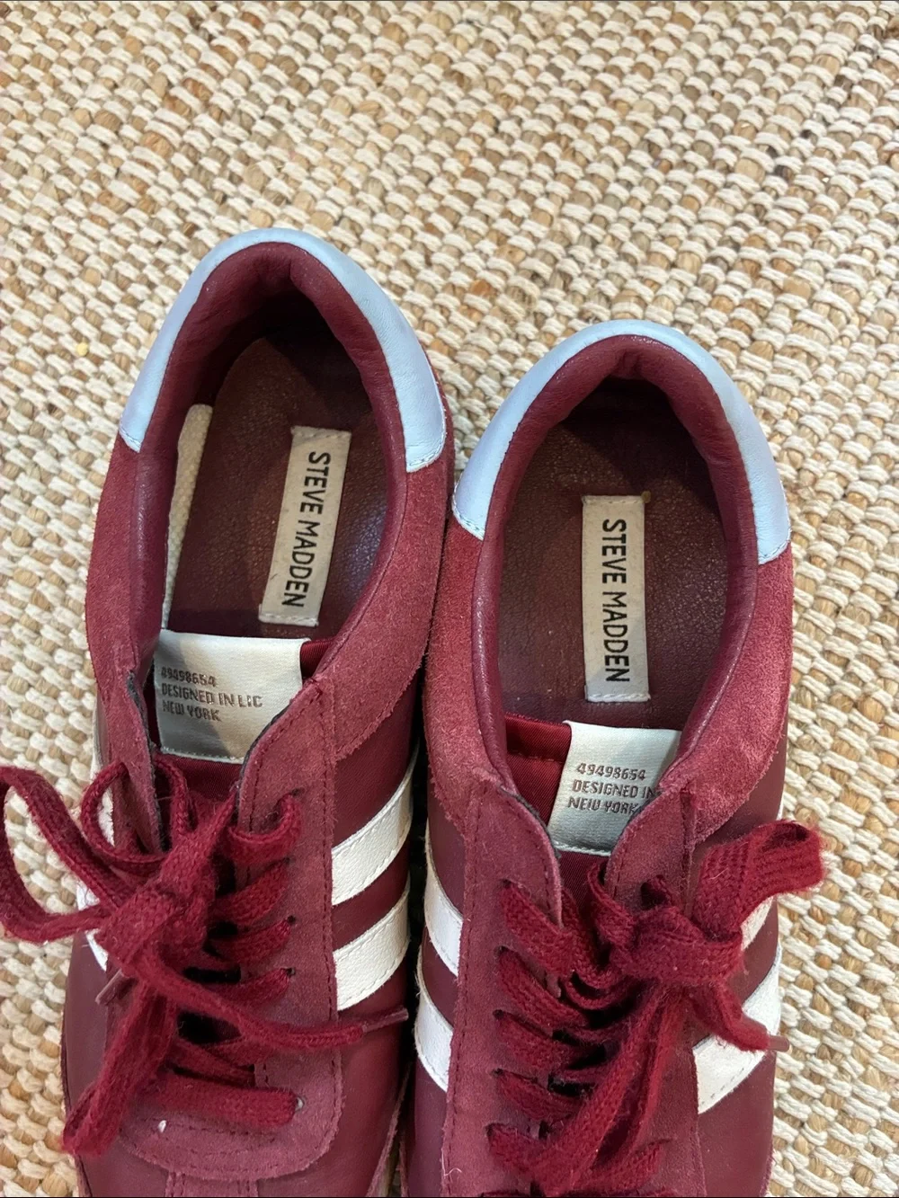 Size 10 Steve Madden Women's Burgundy Sneakers with White Stripes